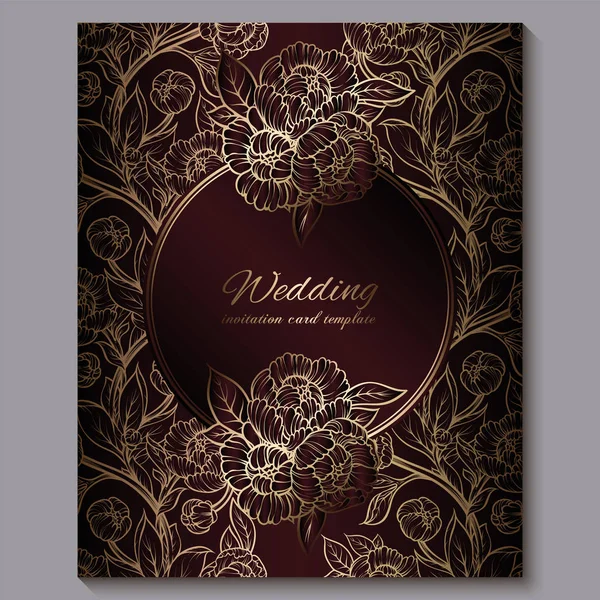 Εξαίσια κόκκινη βασιλική γαμήλια πρόσκληση, χρυσό floral φόντο με το πλαίσιο και το μέρος για το κείμενο, δαντελωτά φύλλωμα από τριαντάφυλλα ή παιώνιες με χρυσή γυαλιστερή διαβάθμιση. — Διανυσματικό Αρχείο