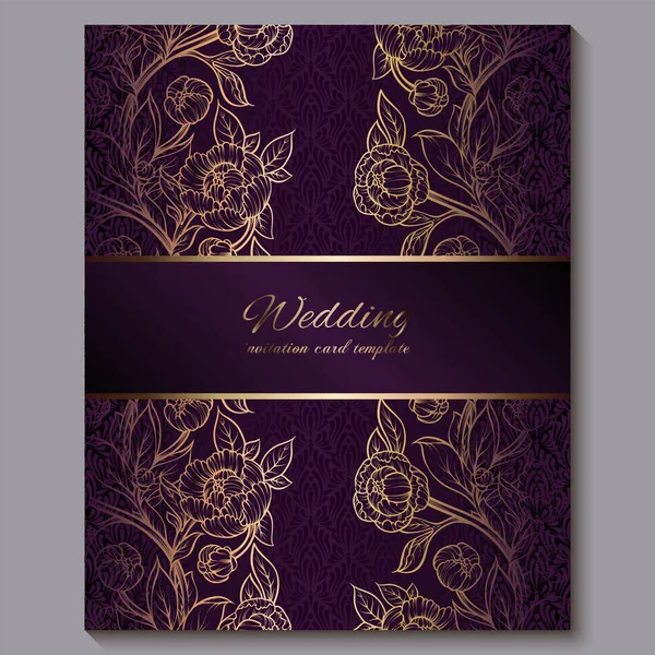 Exquise Royal Purple luxe bruiloft uitnodiging, gouden bloemen achtergrond met frame en plaats voor tekst, Lacy gebladerte gemaakt van rozen of pioenrozen met gouden glanzende gradiënt. — Stockvector