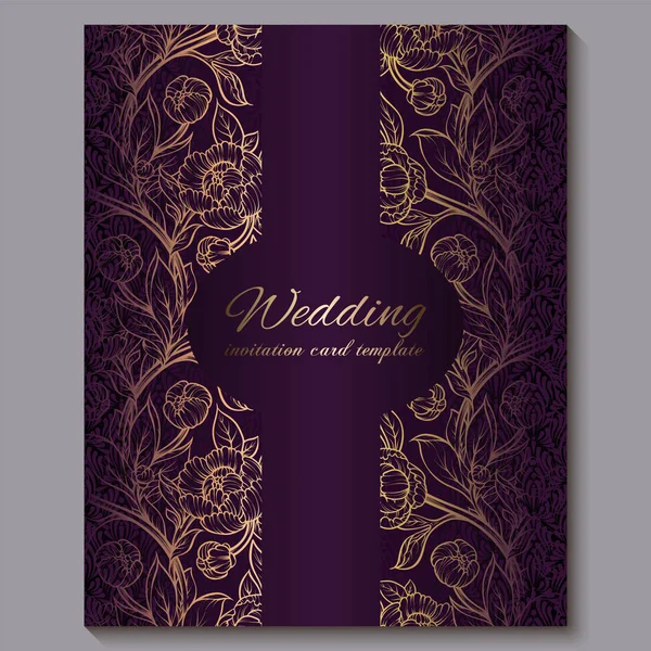 Exquisita invitación de boda de lujo púrpura real, fondo floral dorado con marco y lugar para el texto, follaje de encaje hecho de rosas o peonías con degradado dorado brillante . — Vector de stock