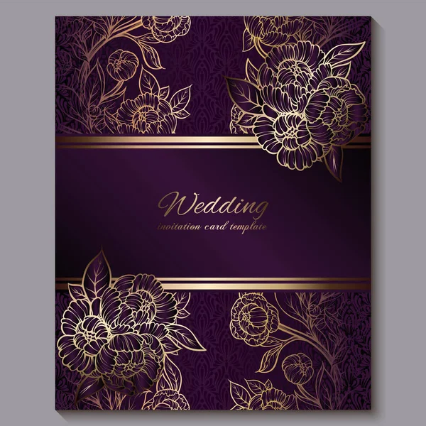 Exquisite royal purple luxury wedding invitation, gold floral background with frame and place for text, lacy foliage made of roses or peonies with golden shiny gradient. — Stock Vector