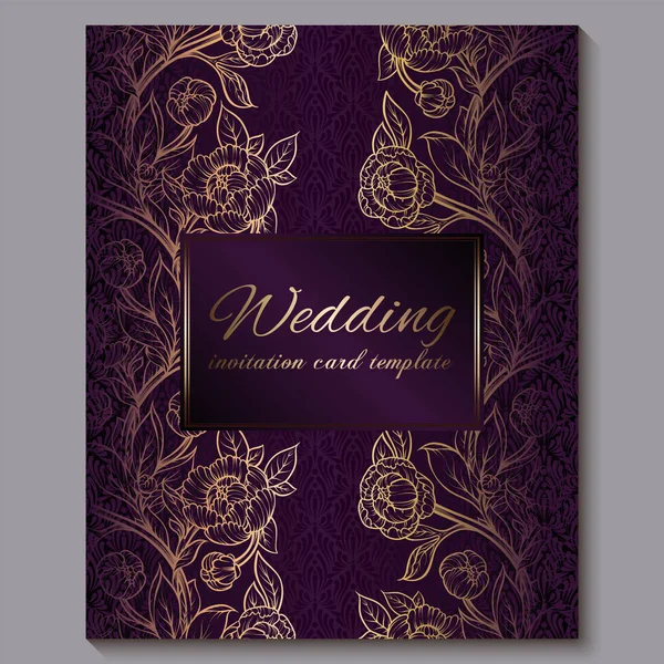 Exquisite royal purple luxury wedding invitation, gold floral background with frame and place for text, lacy foliage made of roses or peonies with golden shiny gradient. — Stock Vector