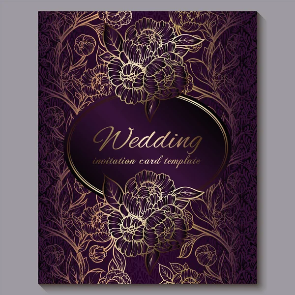 Exquisite royal purple luxury wedding invitation, gold floral background with frame and place for text, lacy foliage made of roses or peonies with golden shiny gradient. — Stock Vector