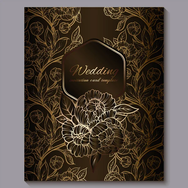 Exquisita invitación de boda de lujo real de chocolate, fondo floral dorado con marco y lugar para el texto, follaje de encaje hecho de rosas o peonías con degradado dorado brillante . — Vector de stock