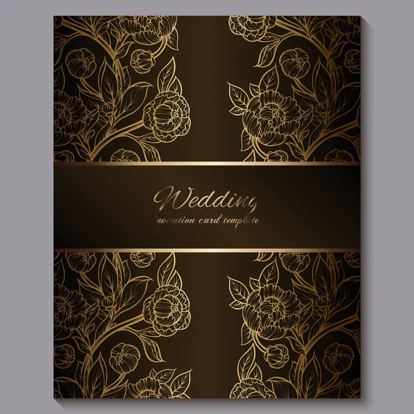 Εξαίσια σοκολάτα Royal πολυτελής γαμήλια πρόσκληση, χρυσό floral φόντο με πλαίσιο και θέση για το κείμενο, δαντελωτά φύλλωμα από τριαντάφυλλα ή παιώνιες με χρυσή γυαλιστερή διαβάθμιση. — Διανυσματικό Αρχείο