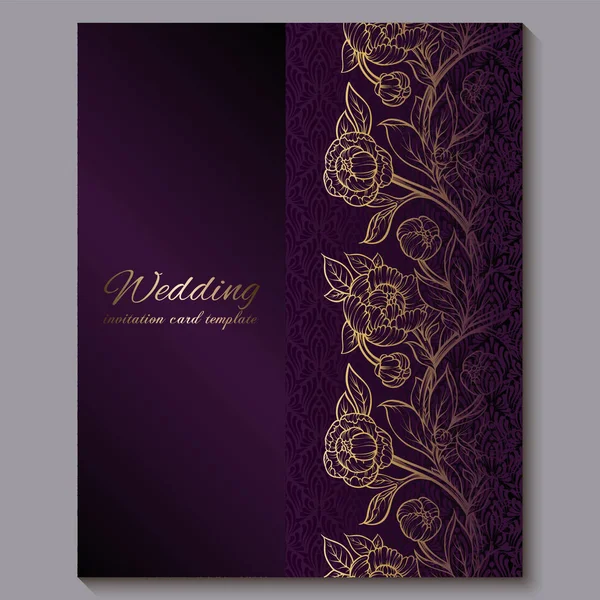 Exquisite royal purple luxury wedding invitation, gold floral background with frame and place for text, lacy foliage made of roses or peonies with golden shiny gradient. — Stock Vector