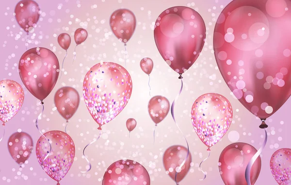 Eleganta rosa flygande helium ballonger med bokeh effekt och glitter. Bröllops-, födelsedags-och jubileums bakgrund. Vektor illustration för inbjudningskort, Party broschyr, banner — Stock vektor