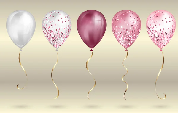 Set de 5 brillantes globos de helio 3D realistas en negro y rosa para tu diseño. Globos brillantes con brillo y cinta dorada, decoración perfecta para folletos de fiestas de cumpleaños, tarjetas de invitación o baby showe — Archivo Imágenes Vectoriales