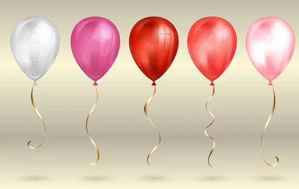 Set de 5 globos de helio 3D realistas de color rojo brillante y rosa para tu diseño. Globos brillantes con brillo y cinta dorada, decoración perfecta para folletos de fiestas de cumpleaños, tarjetas de invitación o baby shower — Archivo Imágenes Vectoriales