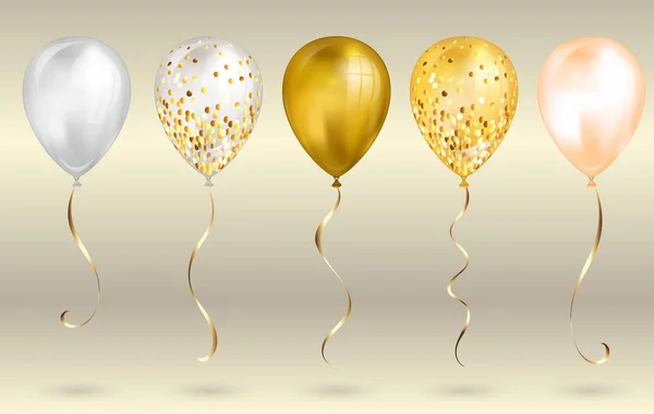 Set of 5 shiny gold realistic 3D helium balloons for your design. Glossy balloons with glitter and gold ribbon, perfect decoration for birthday party brochures, invitation card or baby shower — Stock Vector