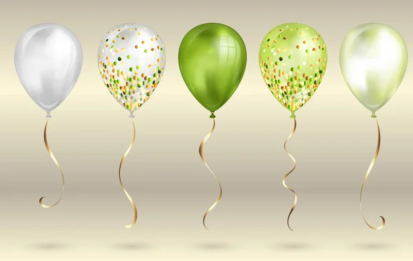 Набор из 5 сверкающих оливково-зеленых реалистичных 3D-шаров для вашего дизайна. Блестящие воздушные шары с блестками и золотой лентой, идеальное украшение для праздничных брошюр, пригласительной открытки или детской вечеринки — стоковый вектор
