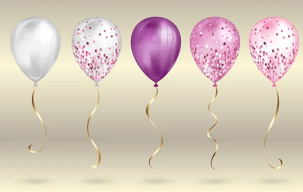 Tasarımınız için 5 parlak pembe gerçekçi 3d helyum balonları ayarlayın. Parıltılı ve altın kurdeleli parlak balonlar, doğum günü partisi broşürleri, davet kartı veya bebek partisi için mükemmel dekorasyon — Stok Vektör