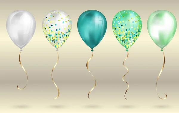 Tasarımınız için 5 parlak gerçekçi 3d teal helyum balonları ayarlayın. Parıltılı ve altın kurdeleli parlak balonlar, doğum günü partisi broşürleri, davet kartı veya bebek partisi için mükemmel dekorasyon — Stok Vektör