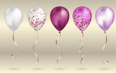 Tasarımınız için 5 parlak pembe gerçekçi 3d helyum balonları ayarlayın. Parıltılı ve altın kurdeleli parlak balonlar, doğum günü partisi broşürleri, davet kartı veya bebek partisi için mükemmel dekorasyon