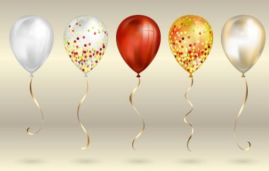 Tasarımınız için 5 parlak kırmızı ve altın gerçekçi 3d helyum balonları ayarlayın. Parıltılı ve altın kurdeleli parlak balonlar, doğum günü partisi broşürleri, davet kartı veya bebek partisi için mükemmel dekorasyon