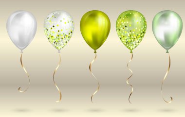 Tasarımınız için 5 parlak zeytin yeşili gerçekçi 3d helyum balonları ayarlayın. Parıltılı ve altın kurdeleli parlak balonlar, doğum günü partisi broşürleri, davet kartı veya bebek partisi için mükemmel dekorasyon