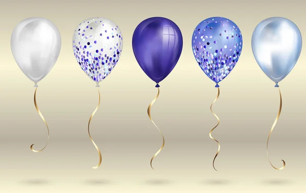 Set di 5 palloncini 3D realistici in elio blu lucido per il tuo design. Palloncini lucidi con glitter e nastro dorato, decorazione perfetta per brochure di feste di compleanno, biglietti d'invito o baby shower — Vettoriale Stock