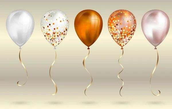 Set de 5 globos de helio 3D realistas de color naranja brillante y oro para tu diseño. Globos brillantes con brillo y cinta dorada, decoración perfecta para folletos de fiestas de cumpleaños, tarjetas de invitación o baby show — Archivo Imágenes Vectoriales