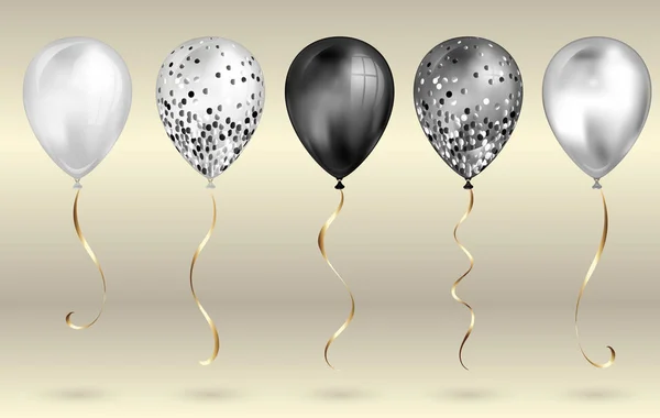 Set de 5 brillantes globos de helio 3D realistas en blanco y negro para tu diseño. Globos brillantes con brillo y cinta dorada, decoración perfecta para folletos de fiestas de cumpleaños, tarjetas de invitación o baby show — Archivo Imágenes Vectoriales