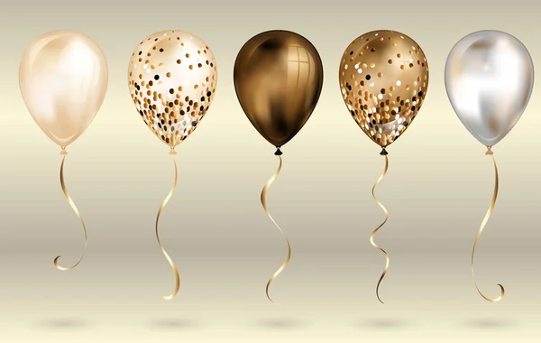 Set of 5 shiny bronze and gold realistic 3D helium balloons for your design. Glossy balloons with glitter and gold ribbon, perfect decoration for birthday party brochures, invitation card or baby show