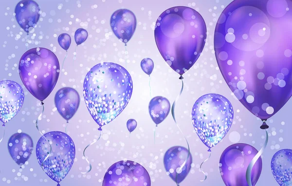 Elegante lila fliegende Heliumballons mit Bokeh-Effekt und Glitzern. Hochzeit, Geburtstag und Jubiläum Hintergrund. Vektor-Illustration für Einladungskarte, Parteibroschüre, Banner — Stockvektor