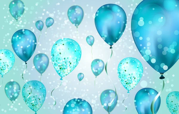 Elegante blaue fliegende Heliumballons mit Bokeh-Effekt und Glitzern. Hochzeit, Geburtstag und Jubiläum Hintergrund. Vektor-Illustration für Einladungskarte, Parteibroschüre, Banner — Stockvektor