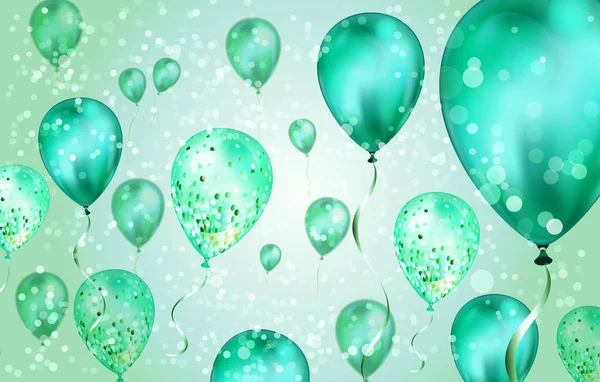 Elegantes globos de helio volador verde con efecto Bokeh y brillo. Fondo de boda, cumpleaños y aniversario. Ilustración del vector para la tarjeta de invitación, folleto del partido, bandera — Archivo Imágenes Vectoriales