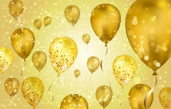 Goldglänzende fliegende Heliumballons mit Bokeh-Effekt und Glitzereffekt. Hochzeit, Geburtstag und Jubiläum Hintergrund. Vektor-Illustration für Einladungskarte, Parteibroschüre, Banner — Stockvektor