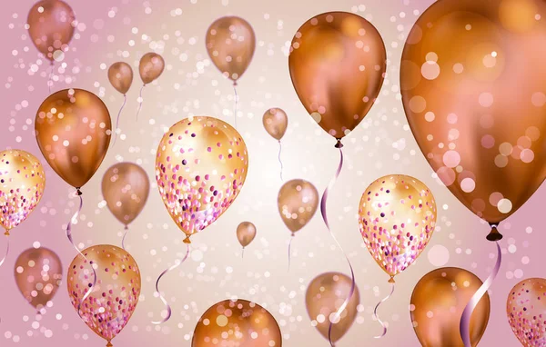 Elegáns barna repülő hélium léggömbök bokeh hatása és csillogás. Esküvő, születésnap és évforduló háttér. A meghívókártya vektorképe, fél brossúra, banner — Stock Vector