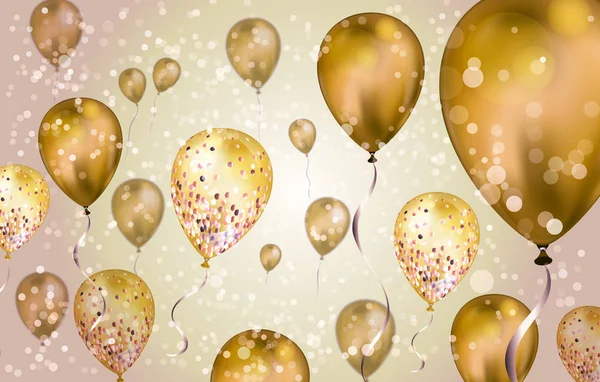 Elegante braune fliegende Heliumballons mit Bokeh-Effekt und Glitzereffekt. Hochzeit, Geburtstag und Jubiläum Hintergrund. Vektor-Illustration für Einladungskarte, Parteibroschüre, Banner — Stockvektor
