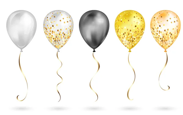 Set de 5 brillantes globos de helio 3D en negro y dorado para tu diseño. Globos brillantes con brillo y cinta dorada, decoración perfecta para folletos de fiestas de cumpleaños, tarjetas de invitación o baby showe — Archivo Imágenes Vectoriales