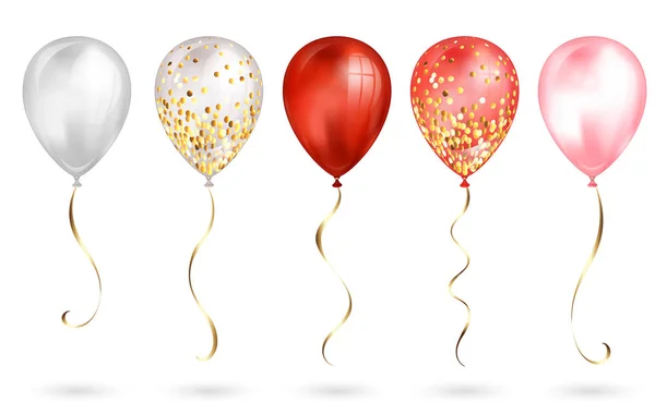 Набор из 5 блестящих красных и золотых реалистичных 3D-шаров для вашего дизайна. Блестящие воздушные шары с блестками и золотой лентой, идеальное украшение для праздничных брошюр, пригласительной открытки или детской вечеринки — стоковый вектор