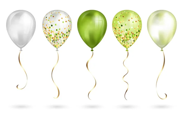 Conjunto de 5 verde oliva brilhante balões de hélio 3D realistas para o seu projeto. Balões brilhantes com brilho e fita de ouro, decoração perfeita para folhetos de festa de aniversário, cartão de convite ou chá de bebê —  Vetores de Stock