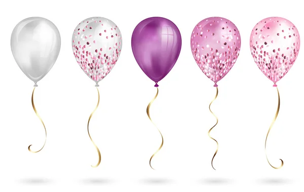 Set of 5 shiny pink realistic 3D helium balloons for your design. Glossy balloons with glitter and gold ribbon, perfect decoration for birthday party brochures, invitation card or baby shower — Stock Vector