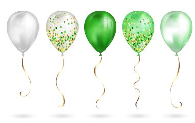 Tasarımınız için 5 parlak yeşil gerçekçi 3d helyum balonları ayarlayın. Parıltılı ve altın kurdeleli parlak balonlar, doğum günü partisi broşürleri, davet kartı veya bebek partisi için mükemmel dekorasyon