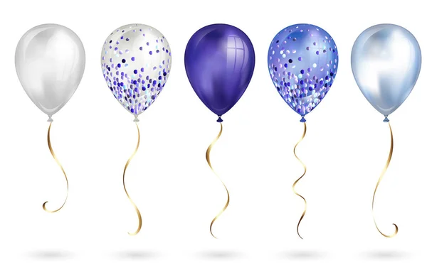 Set de 5 brillantes globos de helio azul 3D realistas para tu diseño. Globos brillantes con brillo y cinta dorada, decoración perfecta para folletos de fiestas de cumpleaños, tarjetas de invitación o baby shower — Archivo Imágenes Vectoriales