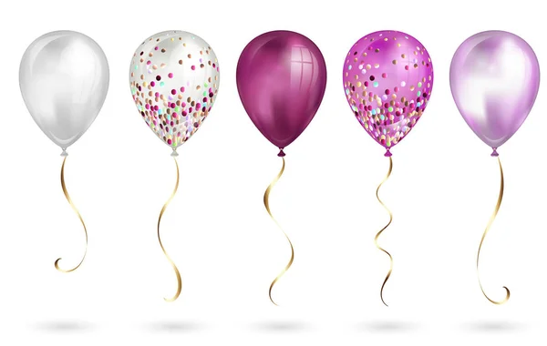 Набір з 5 блискучих рожевих реалістичних 3D гелієвих кульок для вашого дизайну. Глянцеві кульки з блискучою і золотою стрічкою, ідеальне прикраса для брошур на день народження, запрошення або дитячого душу — стоковий вектор