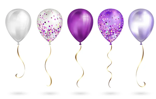 Set de 5 brillantes globos de helio 3D realistas morados para tu diseño. Globos brillantes con brillo y cinta dorada, decoración perfecta para folletos de fiestas de cumpleaños, tarjetas de invitación o baby shower — Archivo Imágenes Vectoriales