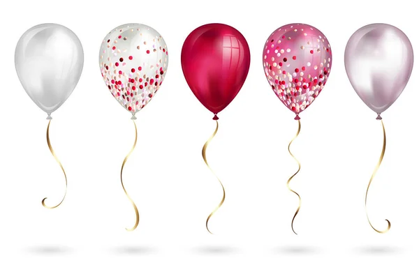Set van 5 glanzende roze realistische 3D helium ballonnen voor uw ontwerp. Glanzende ballonnen met glitter en gouden lint, perfecte decoratie voor verjaardagsfeestje brochures, uitnodigingskaart of baby shower — Stockvector