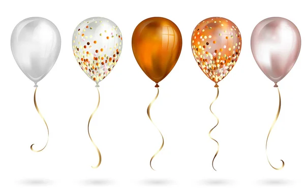 Set de 5 globos de helio 3D realistas de color naranja brillante y oro para tu diseño. Globos brillantes con brillo y cinta dorada, decoración perfecta para folletos de fiestas de cumpleaños, tarjetas de invitación o baby show — Archivo Imágenes Vectoriales