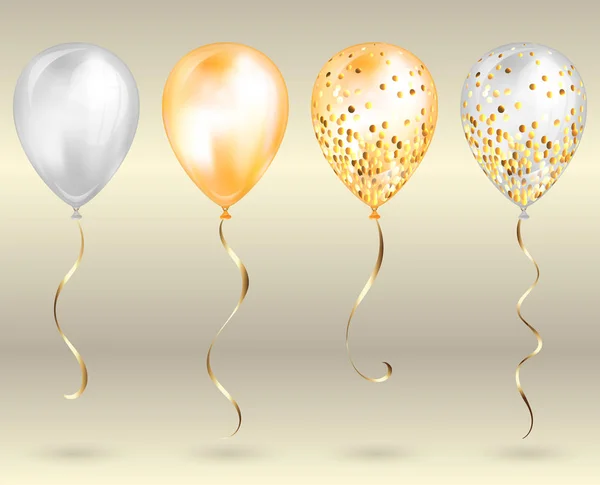 Набор из 4 блестящих золотых 3D-шаров для вашего дизайна. Блестящие воздушные шары с блестками и золотой лентой, идеальное украшение для праздничных брошюр, пригласительной открытки или детской вечеринки — стоковый вектор