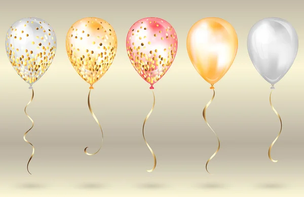 Набор из 5 блестящих золотых и розовых реалистичных 3D-шаров для вашего дизайна. Блестящие воздушные шары с блестками и золотой лентой, идеальное украшение для праздничных брошюр, пригласительной открытки или детской вечеринки — стоковый вектор