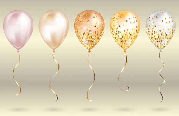 Набор из 5 блестящих золотых 3D-шаров для вашего дизайна. Блестящие воздушные шары с блестками и золотой лентой, идеальное украшение для праздничных брошюр, пригласительной открытки или детской вечеринки — стоковый вектор