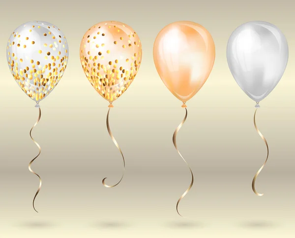 Набір з 4 блискучих золотих реалістичних 3D гелієвих кульок для вашого дизайну. Глянцеві кульки з блискучою і золотою стрічкою, ідеальне прикраса для брошур на день народження, запрошення або дитячого душу — стоковий вектор
