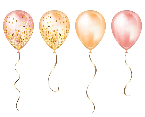 Set de 4 globos de helio 3D realistas en oro brillante y rosa para tu diseño. Globos brillantes con brillo y cinta dorada, decoración perfecta para folletos de fiestas de cumpleaños, tarjetas de invitación o baby shower — Archivo Imágenes Vectoriales