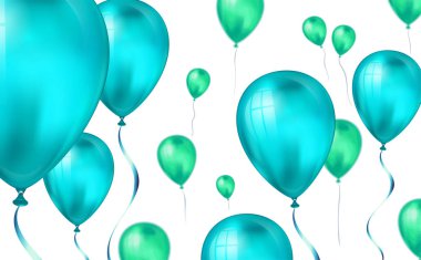 Parlak mavi renk Bulanıklık etkisi ile helyum Balonlar fon uçan. Düğün, Doğum Günü ve Yıldönümü Arka Plan. Davet kartı, parti broşürü, afiş için vektör çizimi