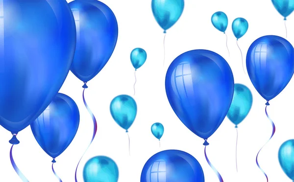 Ballons d'hélium volant de couleur bleu brillant en toile de fond avec effet flou. Mariage, anniversaire et fond d'anniversaire. Illustration vectorielle pour carte d'invitation, brochure de fête, bannière — Image vectorielle