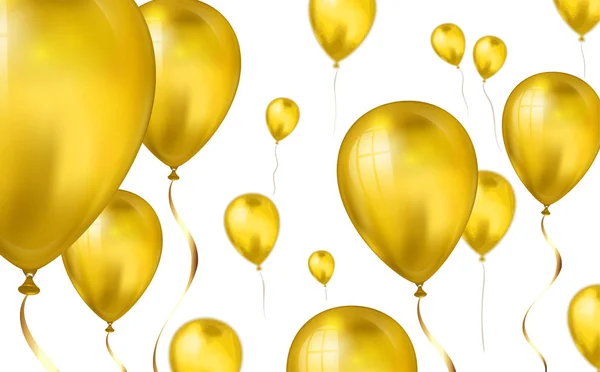 Glanzende gouden vliegende helium ballonnen achtergrond met blur effect. Bruiloft, verjaardag en verjaardag achtergrond. Vector illustratie voor uitnodigingskaart, partij brochure, banner — Stockvector