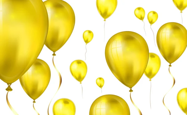 Goldglänzend fliegende Heliumballons mit Unschärfeeffekt. Hochzeit, Geburtstag und Jubiläum Hintergrund. Vektor-Illustration für Einladungskarte, Parteibroschüre, Banner — Stockvektor