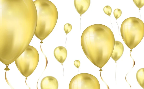 Ouro brilhante Balões de hélio voador pano de fundo com efeito de borrão. Casamento, Aniversário e Aniversário. Ilustração vetorial para cartão de convite, folheto do partido, banner —  Vetores de Stock