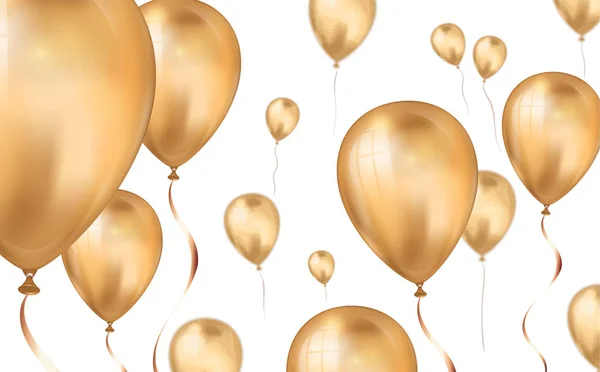 Глянцевое золото Летающие гелиевые шарики фон с эффектом размытия. Свадьба, день рождения и годовщина. Векторная иллюстрация пригласительного билета, брошюры, баннера — стоковый вектор